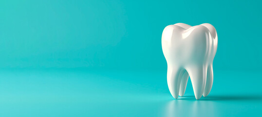 Mockup of a healthy white tooth on a blue background. Banner, space for text.