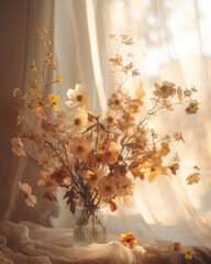 beautiful flowers in a comfy room exposed to natural light, warm and soft color tone and atmosphere.