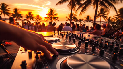 DJ mixing music with beach party background