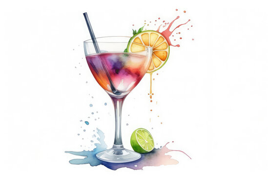 watercolor illustration of drink in glass. refreshing summer citrus alcohol cocktail with lime.