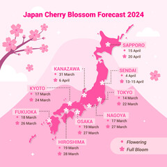 Japan Cherry Blossom Forecast 2024 vector illustration. Map of Japan on fuji mountain background flat design