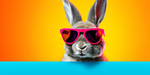 Rabbit with glasses in a colorful dream world 3d illustration ,Greeting easter background,
