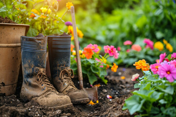 A gardener's muddy boots next to a spade and a flourishing spring flower bed. - obrazy, fototapety, plakaty