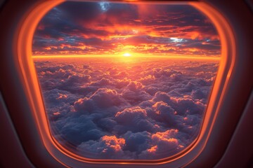 Through the airplane window, the fiery amber sunset paints the sky with a warm heat, while clouds drift by, framing a breathtaking view of the rising sun
