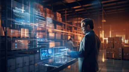 Fototapeta premium Futuristic warehouse technology, female worker using Augmented reality application to analyze products delivery, copy space for text