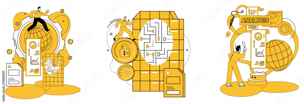 Poster data management vector illustration. statistics become vibrant storytellers in hands adept data anal