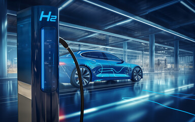 Fototapeta premium Fuel cell car at the hydrogen filling station