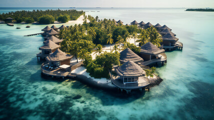 Pool in the tropical island. Aerial view of luxury resort bungalows along the coastline of a small island, Indian Ocean, Maldives 