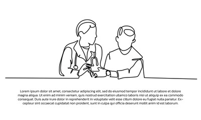 Continuous line design of the doctor checks the patient's sugar level. Single line decorative element drawn on white background.