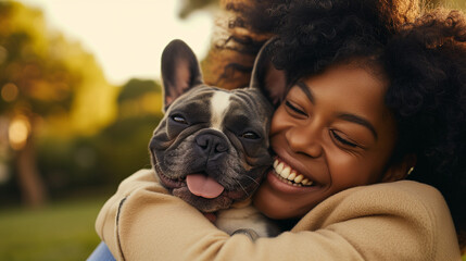 Happy candid woman cuddling her dog in the park, ai generated