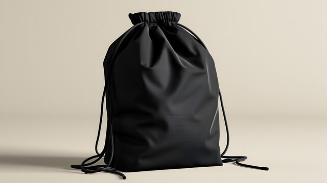 Black Drawstring Bag Mockup Isolated On Background. Fabric Cotton Small Bag. Isolated Pouch. 3d Rendering. Generative Ai