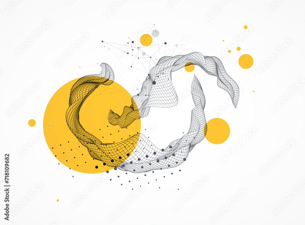 Poster The abstract wave is made in a frame style. Template for science and technology presentation. Hand drawn vector art.