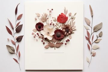Dried flower bouquet on white paper. Nature-inspired decorative card, botanical background.