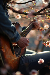 A musician playing a guitar under a tree with spring blooms.