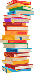 High book stacks or pile. Library textbooks and school literature heaps, dictionaries. Bookstore advertise. Cartoon stacked books angle view with different colorful covers isolated on white