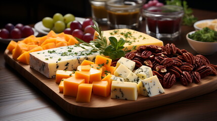 various types of cheese in wooden box on white wooden table, top view