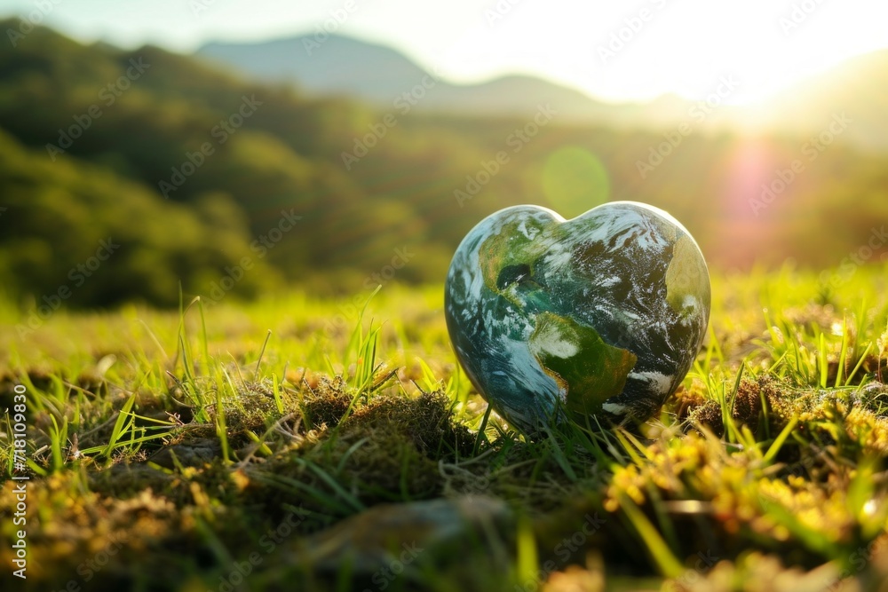 Poster planet earth in the shape of a heart. background with selective focus and copy space
