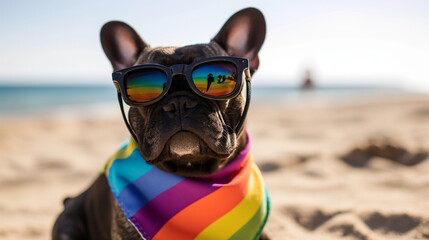 French bulldog dog wearing a rainbow flag bandana and mirrored sunglasses at gay pride festival on a sandy beach, ai generated - obrazy, fototapety, plakaty