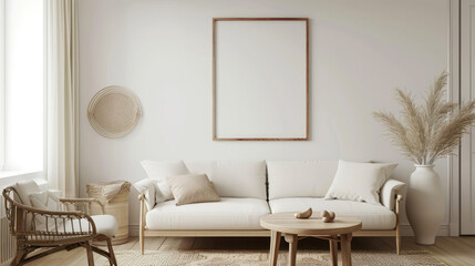 Fototapeta na wymiar Mockup frame in interior background, room in light pastel colors, Scandi Boho style. Generative Ai