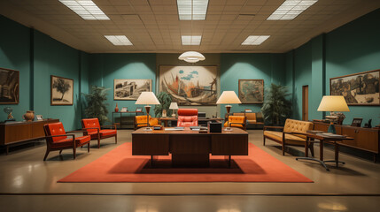 Office Space Work Area from the 1940s/1950s/1960s - American Business Environment with Vintage Desk and Old-Fashioned Office Supplies - A Peek into Professional History. 