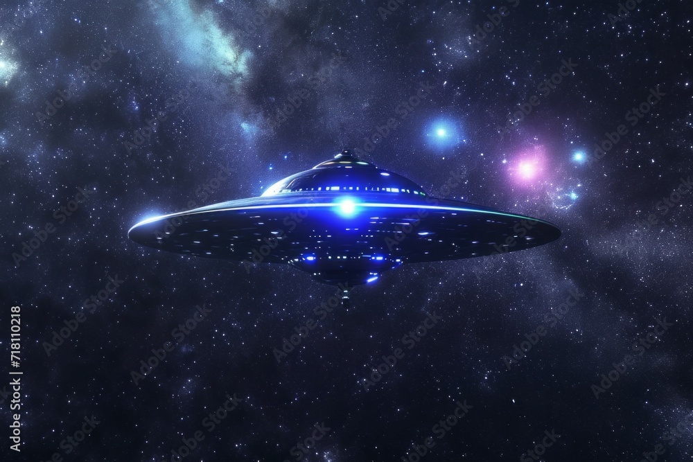 Poster flying saucer in space. background with selective focus and copy space
