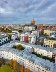 Fototapeta na wymiar A vertical high angle view across the rooftops of modern Berlin. 