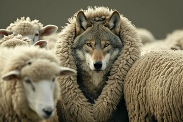 Wolf in sheep's clothing, abstract metaphor. Background with selective focus and copy space - obrazy, fototapety, plakaty