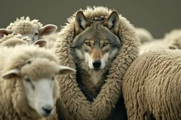 Fototapeten Wolf in sheep's clothing, abstract metaphor. Background with selective focus and copy space © top images