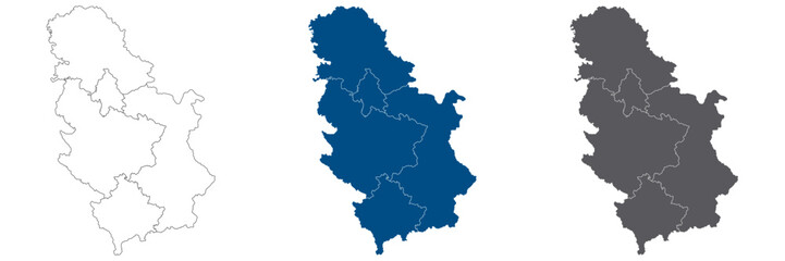 Serbia map. Map of Serbia in five main regions in multicolor set