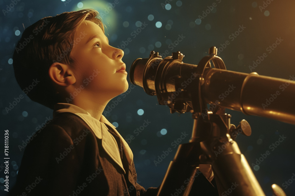 Poster boy in the dark of the night with a telescope. noise as an artistic technique. background with selec