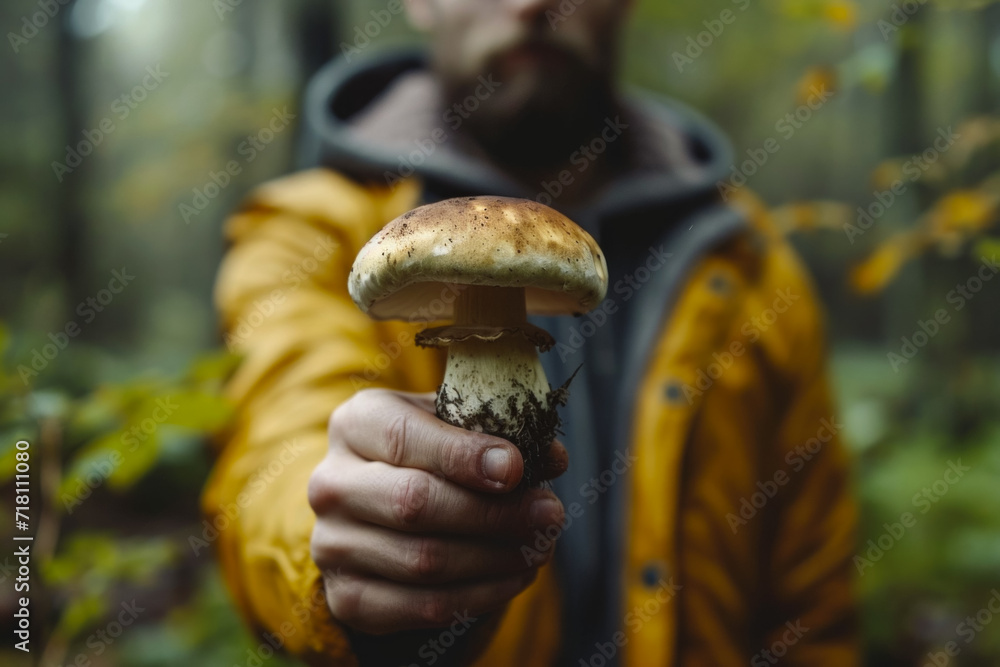 Poster mushrooms in the hands of a man. background with selective focus and copy space
