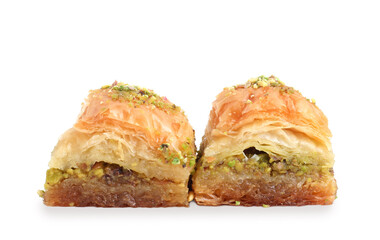 Delicious fresh baklava with chopped nuts isolated on white. Eastern sweets