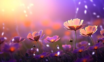 Beautiful purple cosmos flowers in the photo with a bokeh glitter light background. generative AI