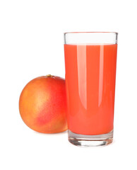 Fototapeta premium Tasty grapefruit juice in glass and fresh fruit isolated on white