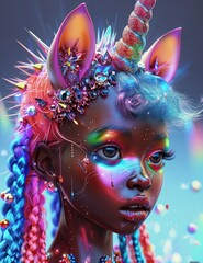 A striking image of a fantasy girl with unicorn features and colorful teardrops