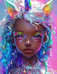 Fantasy-themed portrait featuring a majestic girl with striking eyes and crystal adornments