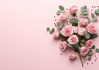 Arrangement of pink roses in the photo on pink background. generative AI