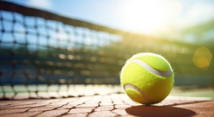 Tennis Game. Closeup of a Yellow Ball on Green Court. Outdoor Recreation on the Sunny Day. Healthy Lifestyle