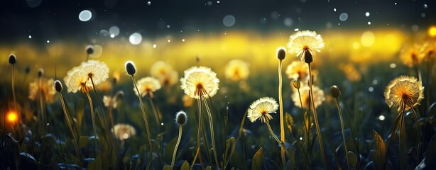 Yellow dandelion flowers in the photo with a green bokeh background. generative AI - obrazy, fototapety, plakaty