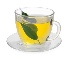 Fresh green tea in glass cup, leaves and saucer isolated on white