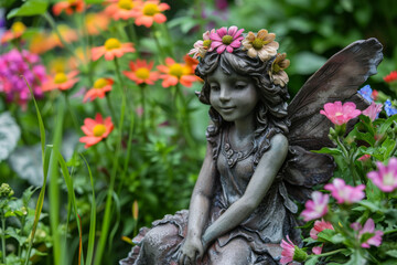 A whimsical fairy statue surrounded by blooming spring flowers in a mystical garden.
