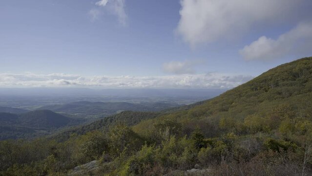 A 4k video with a horizontal pan of a scenic overlook at Shenandoah National Park in Virginia.
