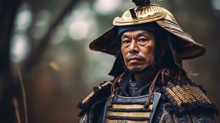 Obraz premium The man is dressed in full traditional Japanese samurai armor, including kabuto (helmet) and yoroi (armor), holding a sword, ready for battle, with an expression of determination and strength.