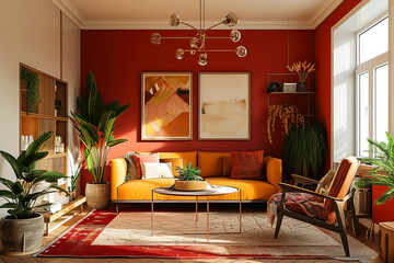 Living room interior in modern boho style with red wall and bright furniture