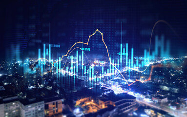 Big data chart on night city backdrop.Trade technology, and investment analysis.Analysis finance...