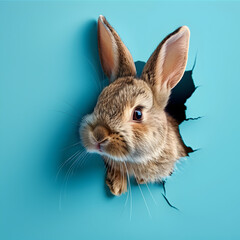 Fototapeta na wymiar Bunny peeking out of a hole in blue wall, fluffy eared bunny easter bunny banner, rabbit jump out torn hole.