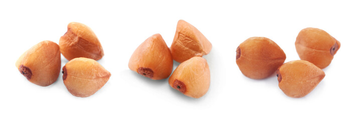 Raw buckwheat grains isolated on white, set