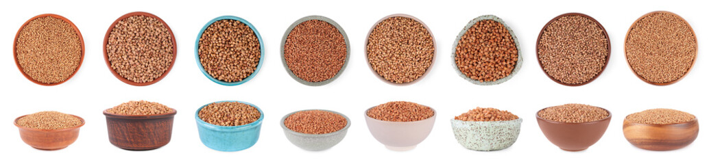 Buckwheat grains in bowls isolated on white, top and side views