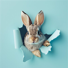 Bunny peeking out of a hole in blue wall, fluffy eared bunny easter bunny banner, rabbit jump out torn hole.