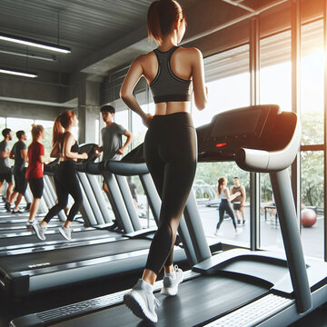 Sporty young woman running on treadmill in gym. Healthy lifestyle and fitness concept.